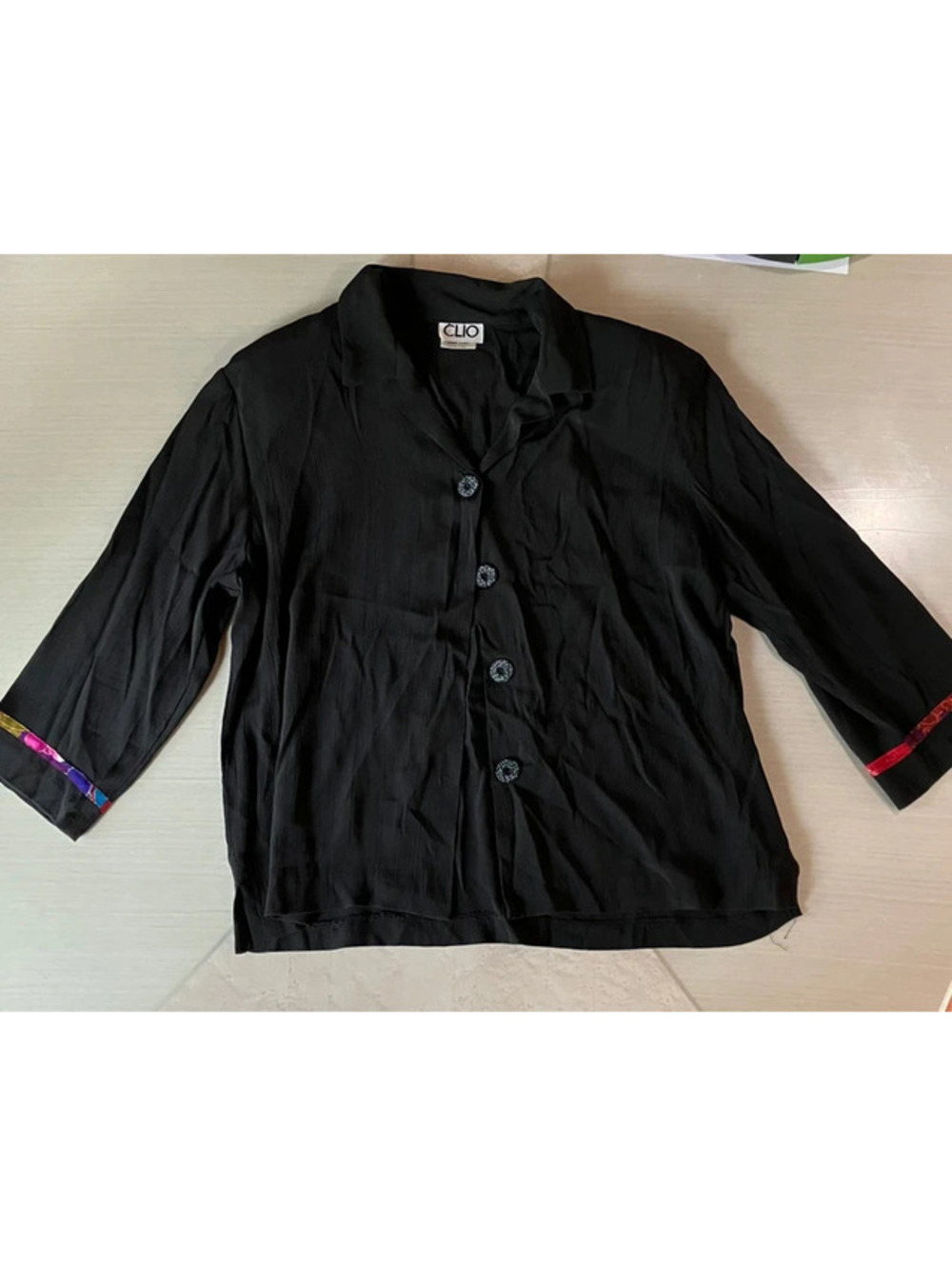 Whimsigoth Black Blouse Vintage Clio 90s Floral Trim Boho Camp Collar